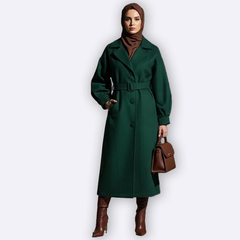 Emerald Elegance Belted Long Coat