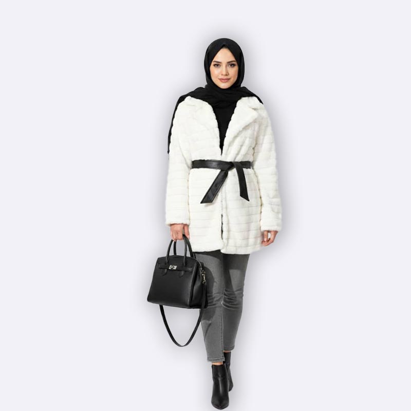 Ivory Faux Fur Belted Coat