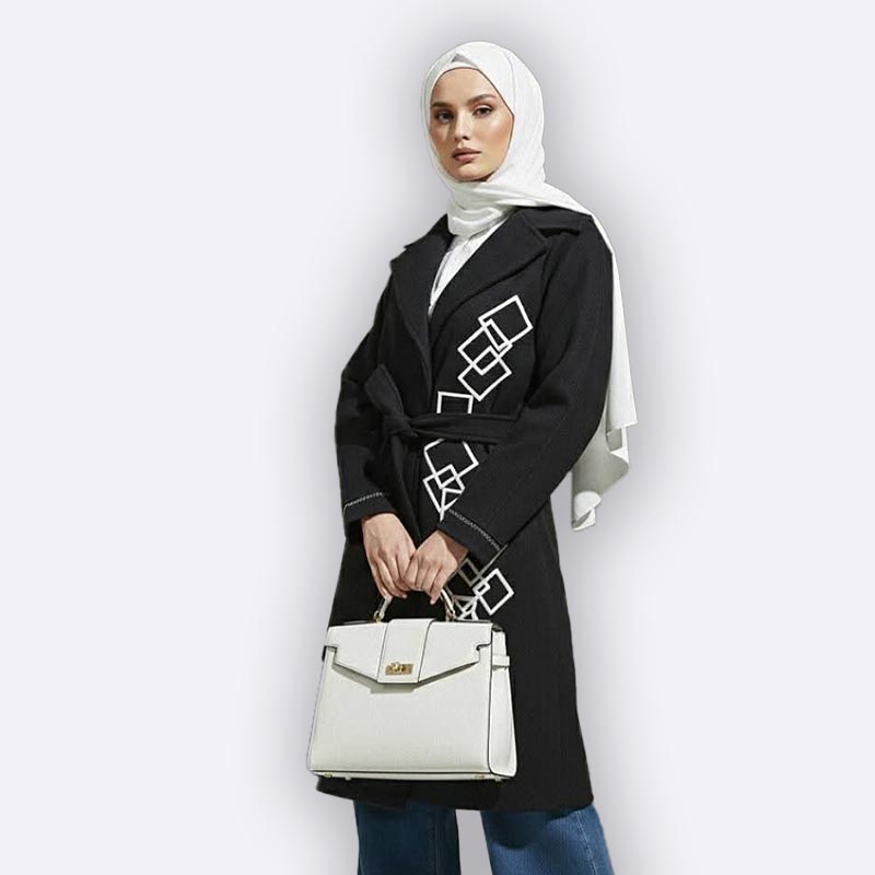 Geometric Chic Black Coat with Belt