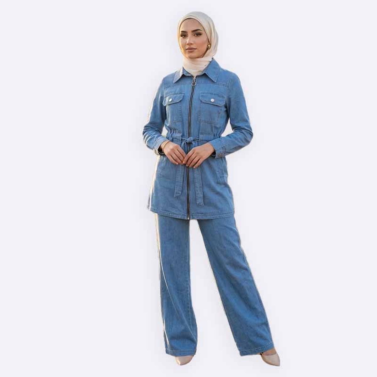 Denim Two-Piece Set with Waist Tie