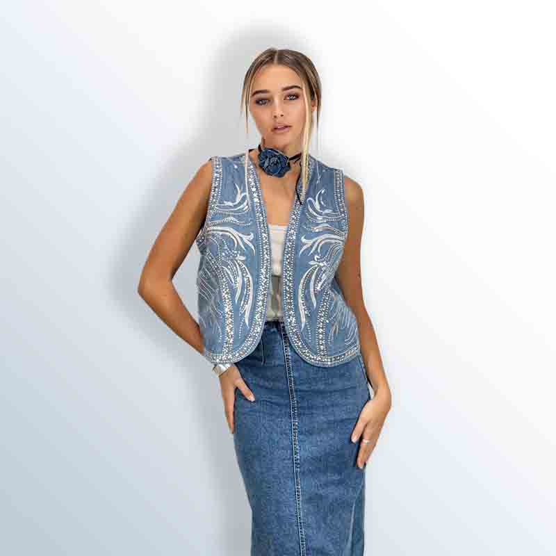 Women's embroidered jeans vest