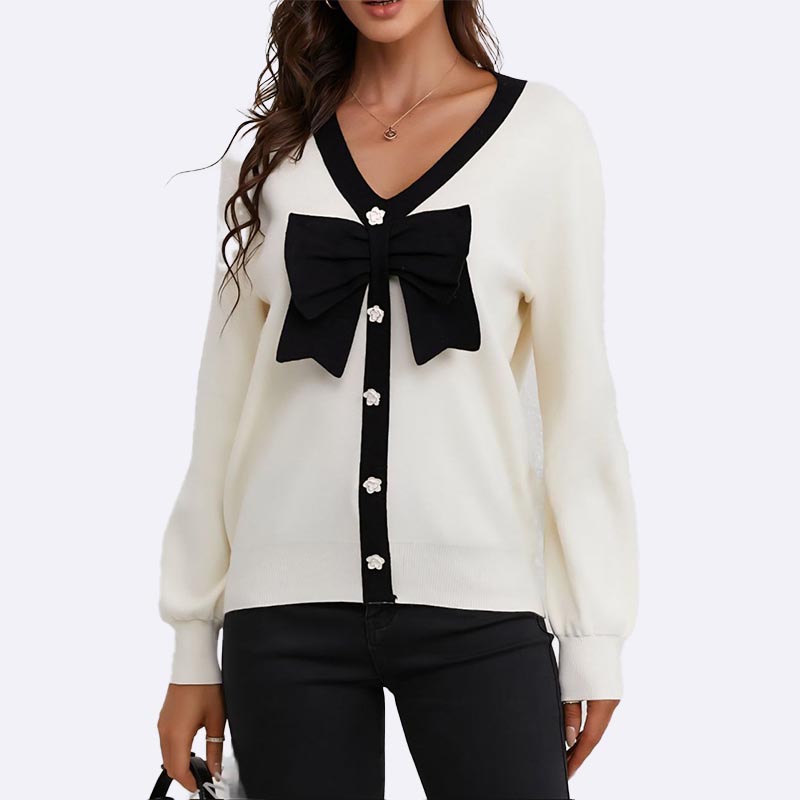 V-Neck Cardigan with Bow Detail