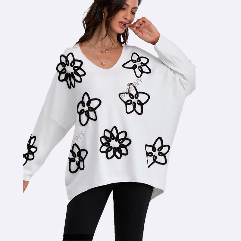 V-Neck Oversized Sweater with Floral Applique