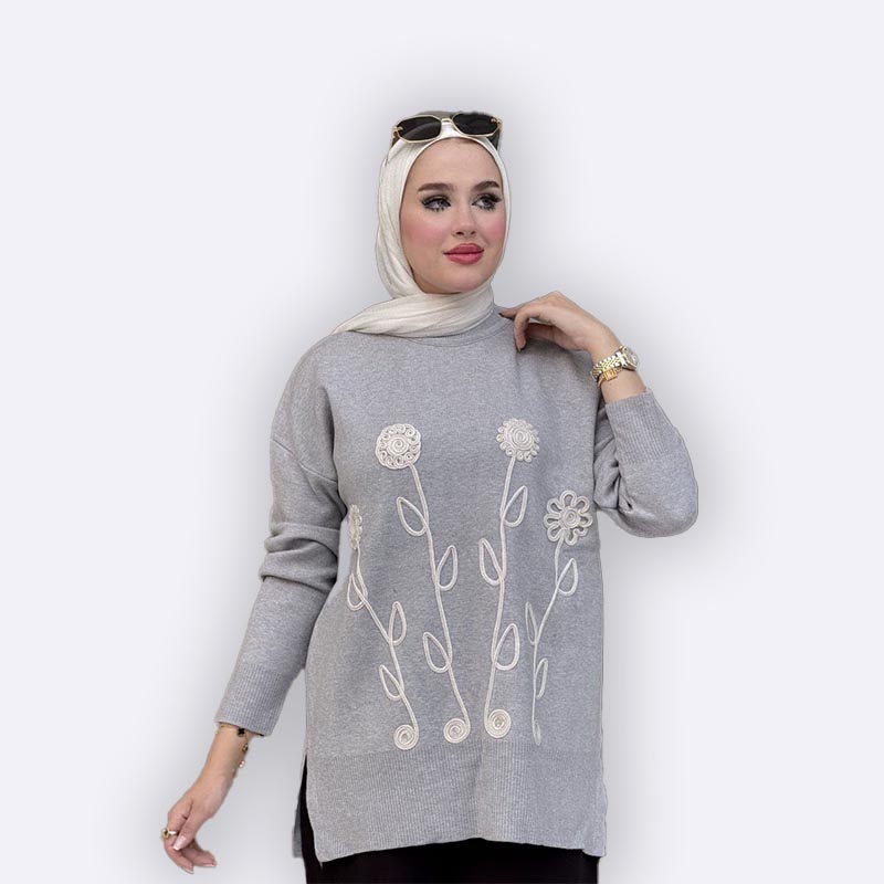 High-Neck Oversized Knitted Tunic Sweater with Floral Embroidery