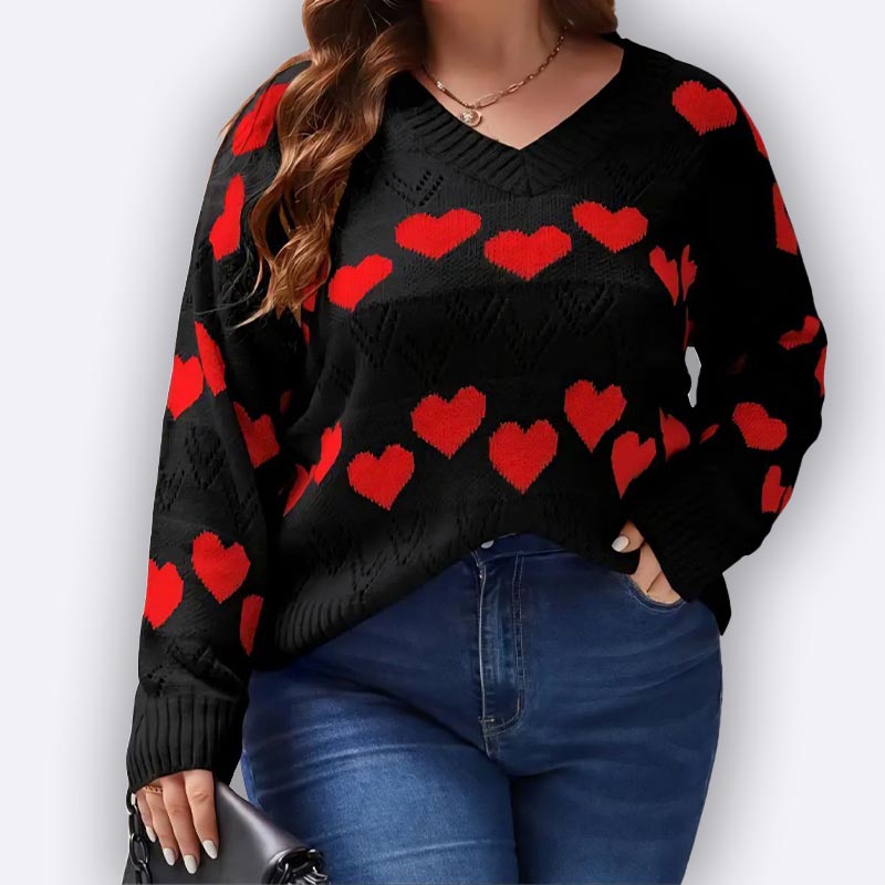 V-Neck Heart Pattern Knit Sweater