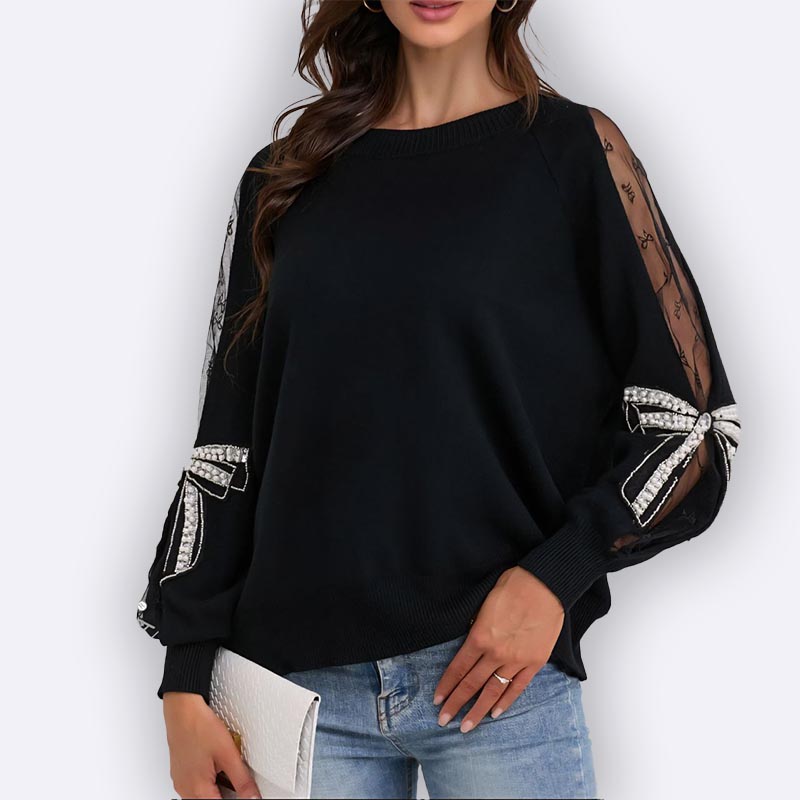 Knit Sweater with Mesh/Lace Puffed Sleeves and Bow Detail