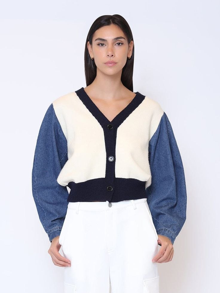 Denim Contrast Knit Cardigan