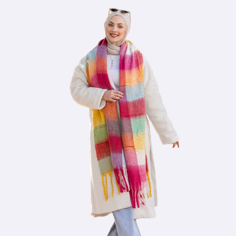 Rainbow Plaid Tassel Scarf