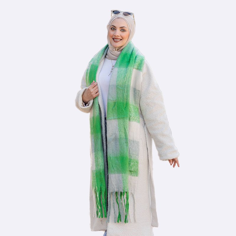 Green Plaid Tassel Scarf