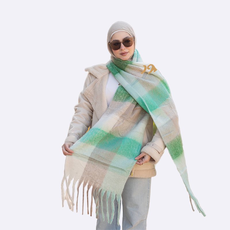 Mint Plaid Tassel Scarf