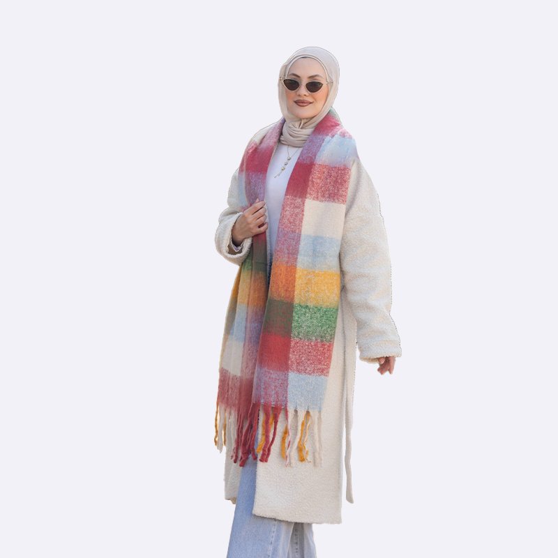 Rainbow Plaid Tassel Scarf