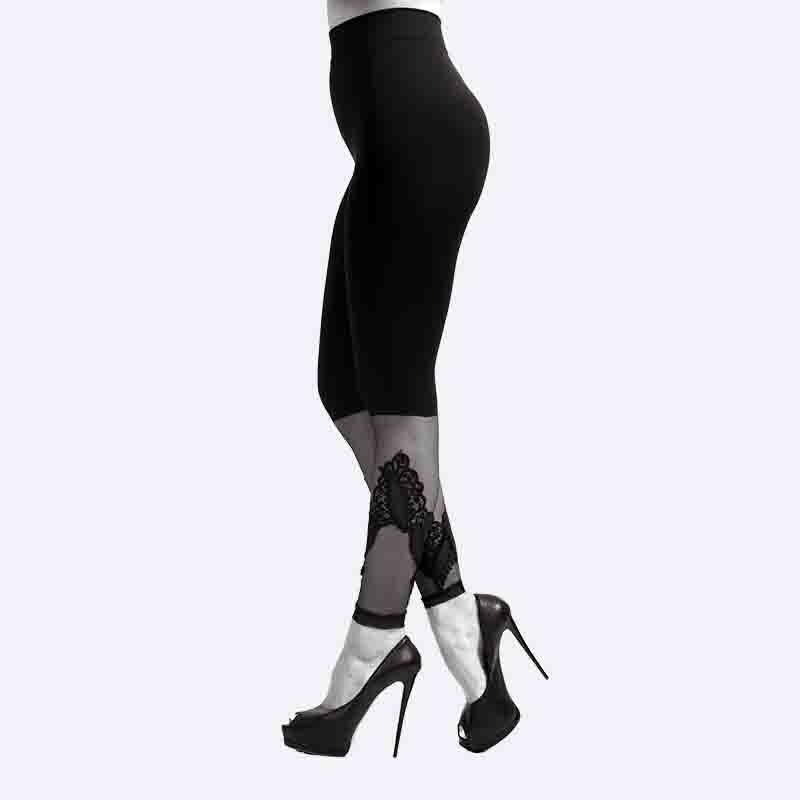 Women's Black Capri Leggings with Lace/Mesh Panel