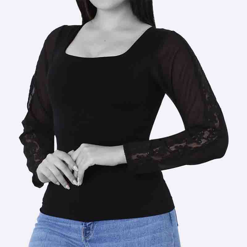 Square Neck Top with Sheer Lace Sleeves