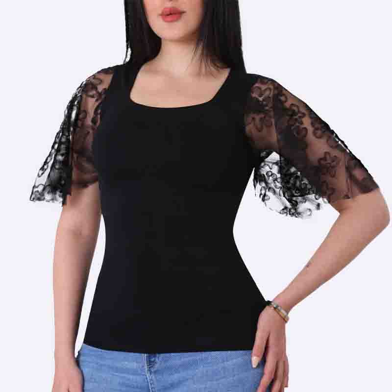 Square Neck Top with Embroidered Tulle Sleeves