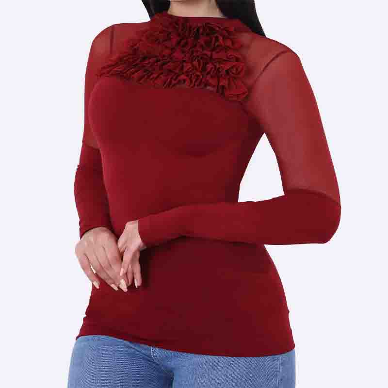 Ruffled High Neck Sheer Sleeve Top