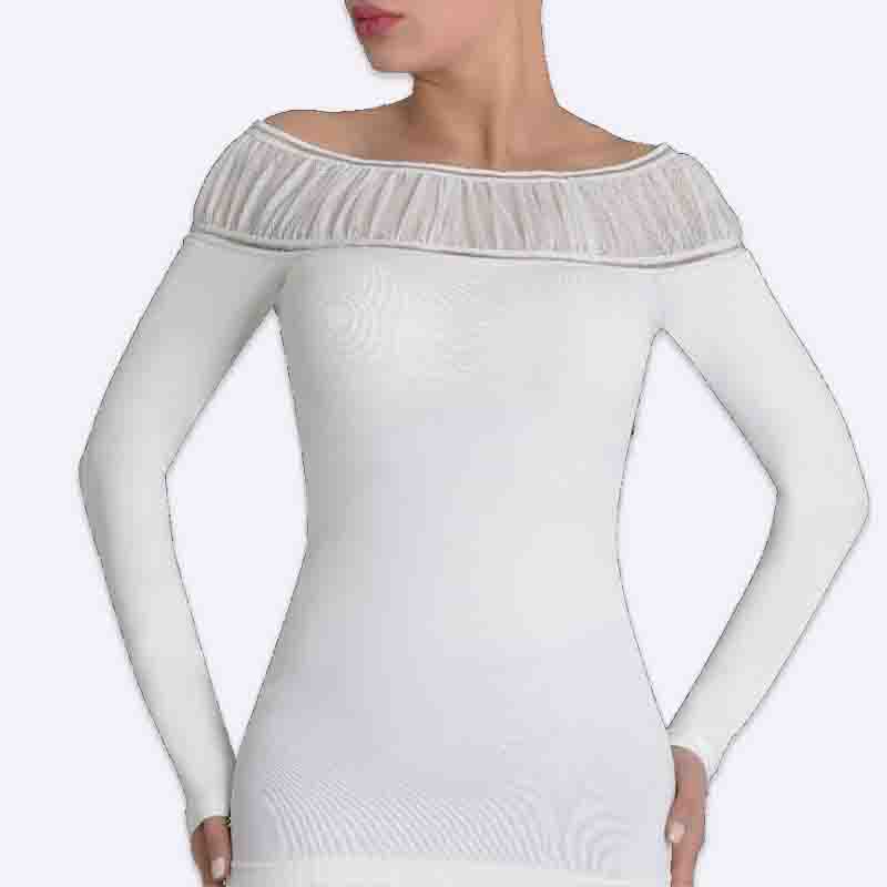 Off-Shoulder Sheer Ruffled Long Sleeve Top