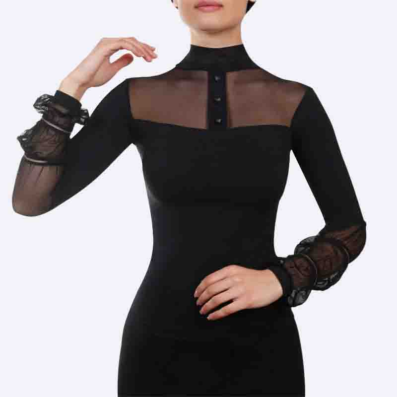Sheer Yoke High Neck Top with Tulle Ruffled Cuffs