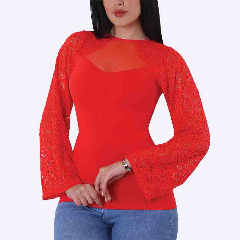 Lace Bell-Sleeve Top with Sheer Yoke