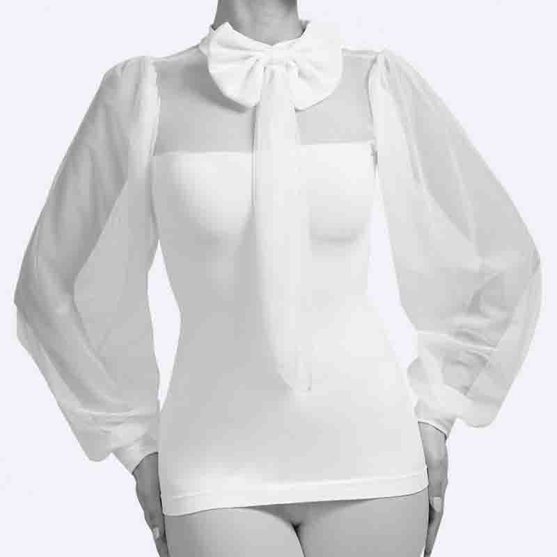 Puffy Sleeve Sheer Blouse with Pussybow Tie