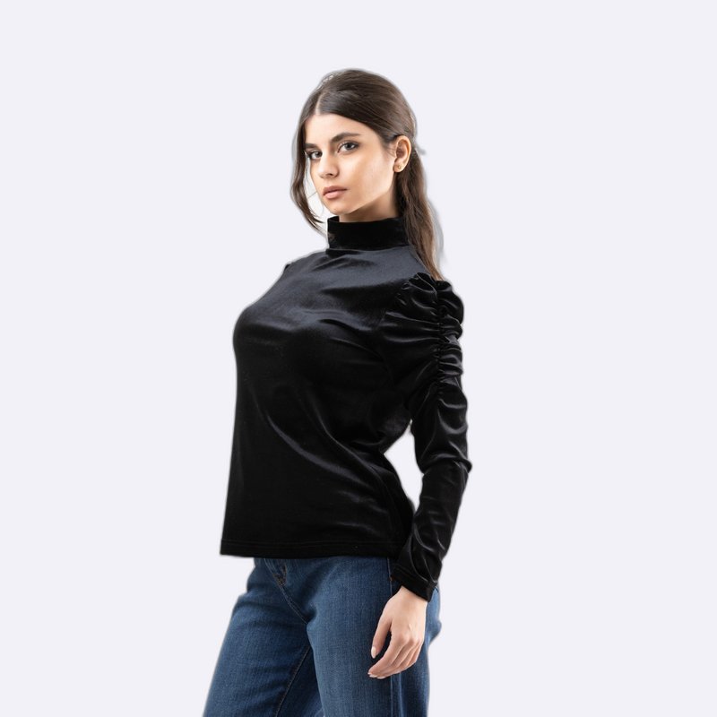 Women's Velvet High Neck Top with Shirred Puffed Sleeves