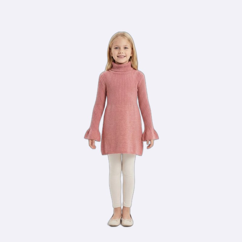 Girls' Chic Pink Turtleneck Sweater Dress with Ruffle Sleeves