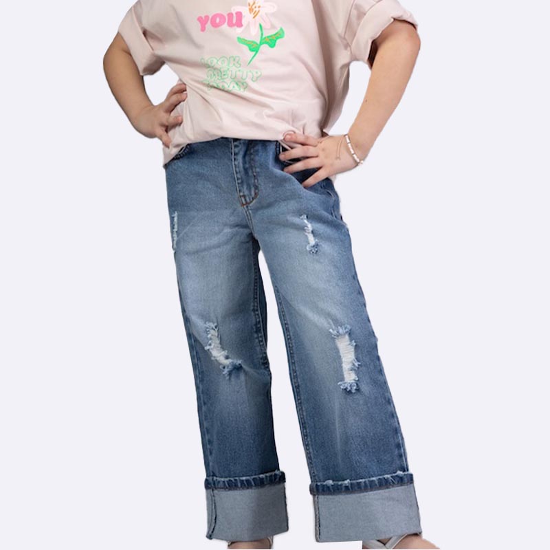 Girls' Ripped Wide-Leg Jeans