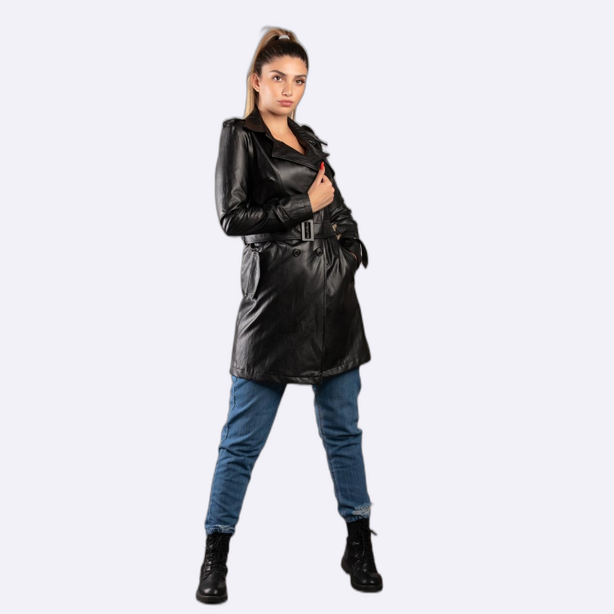 Women Faux Leather Trench Coat