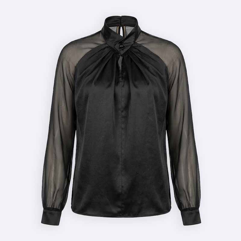 Satin Mock Neck Blouse with Sheer Sleeves