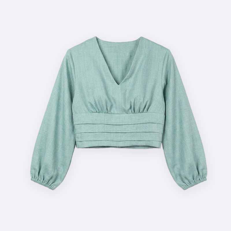V-Neck Crop Top with Pleated Waist and Bishop Sleeves