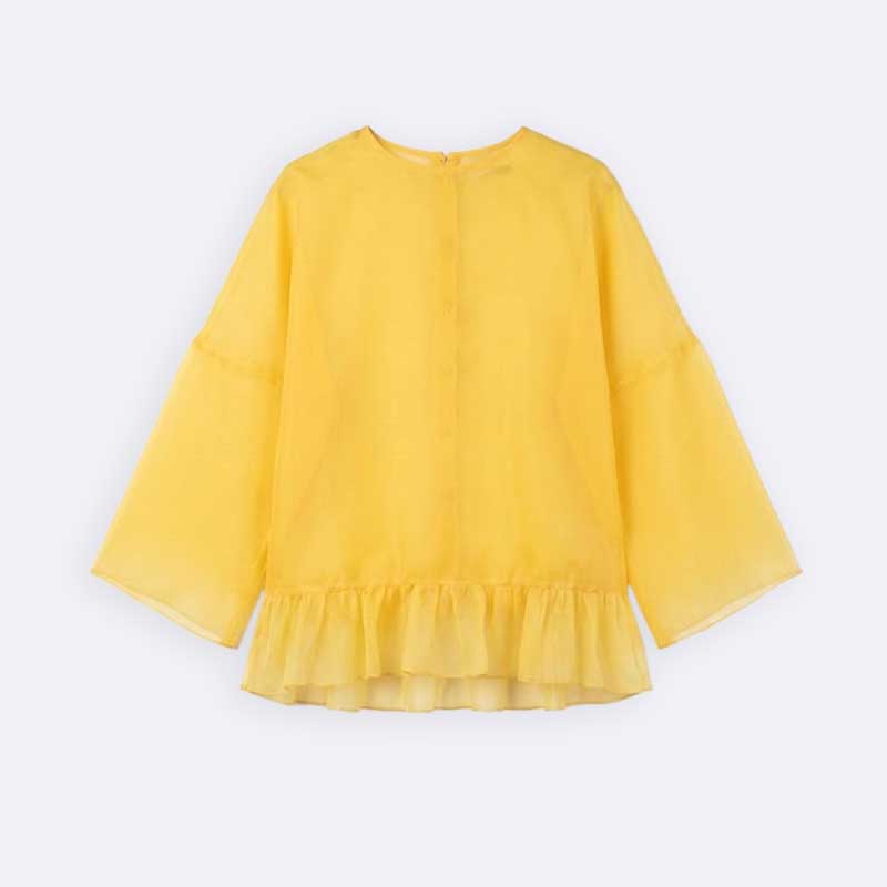 Sheer Wide Sleeve Blouse with Ruffle Hem