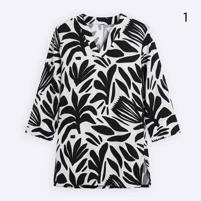 V-Neck Leaf Print Tunic Shirt with Side Slits