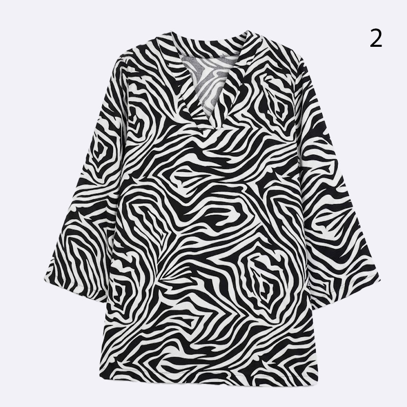 V-Neck Zebra Print Tunic Shirt with Wide Sleeves