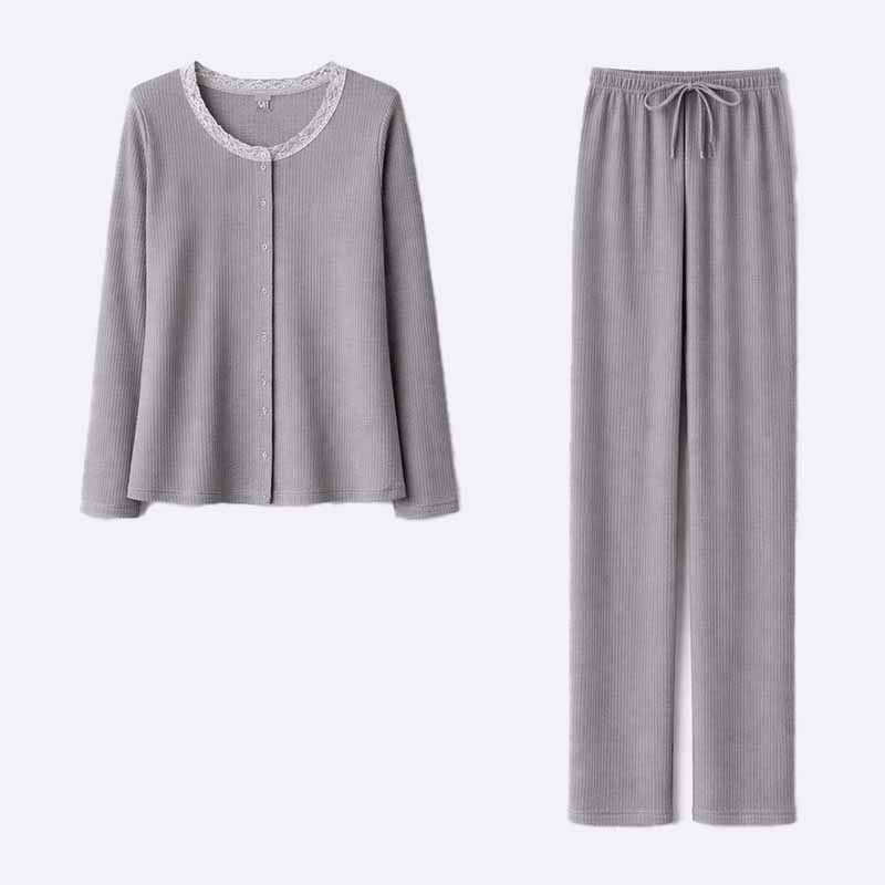 Lace Trim Ribbed Knit Pajama Set