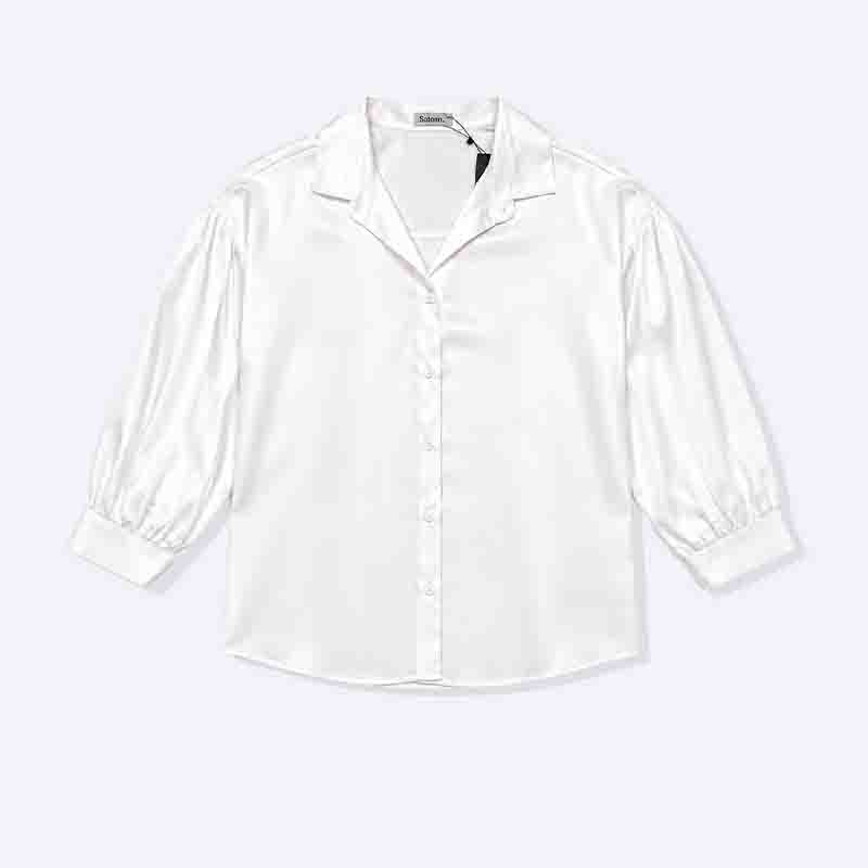 Women’s Satin Button-Up Blouse with Puff Sleeves