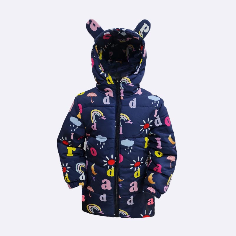 Girls' Puffer Jacket with Graphic Print and Ears Hood