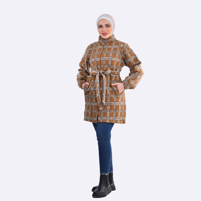 Soft Plaid Felt Jacket with Belt