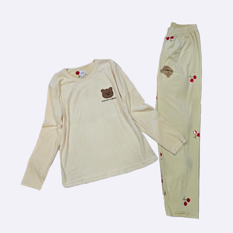 Women Pajama Set - Bear & Cherry Print