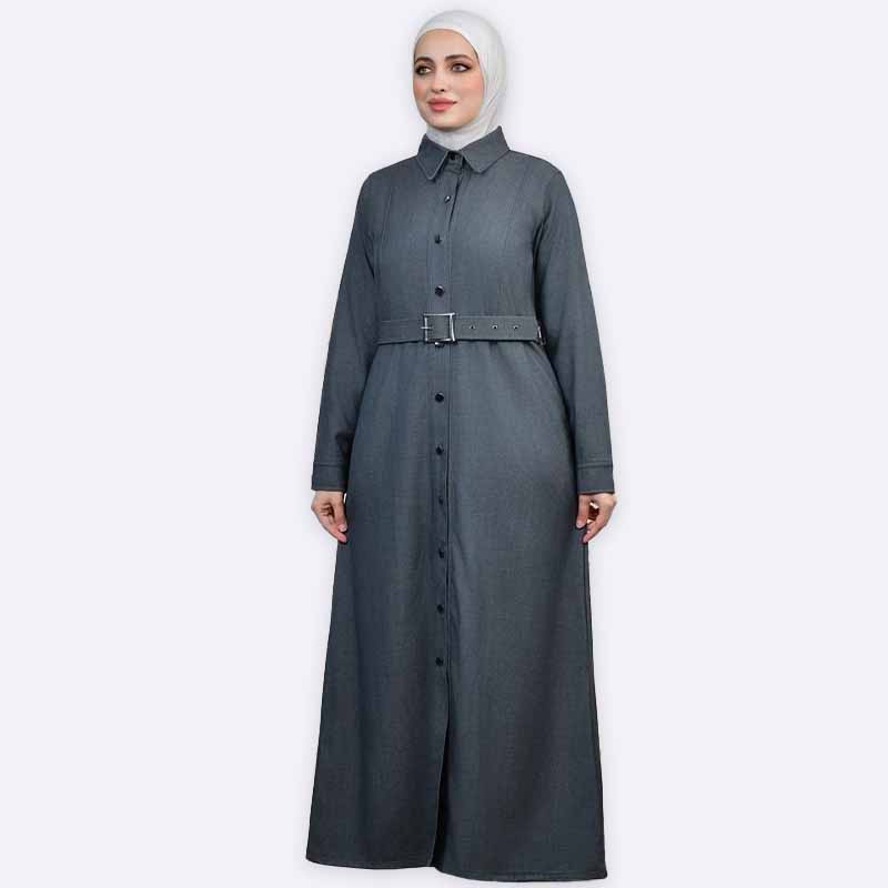 Elegant Belted Denim Abaya Dress