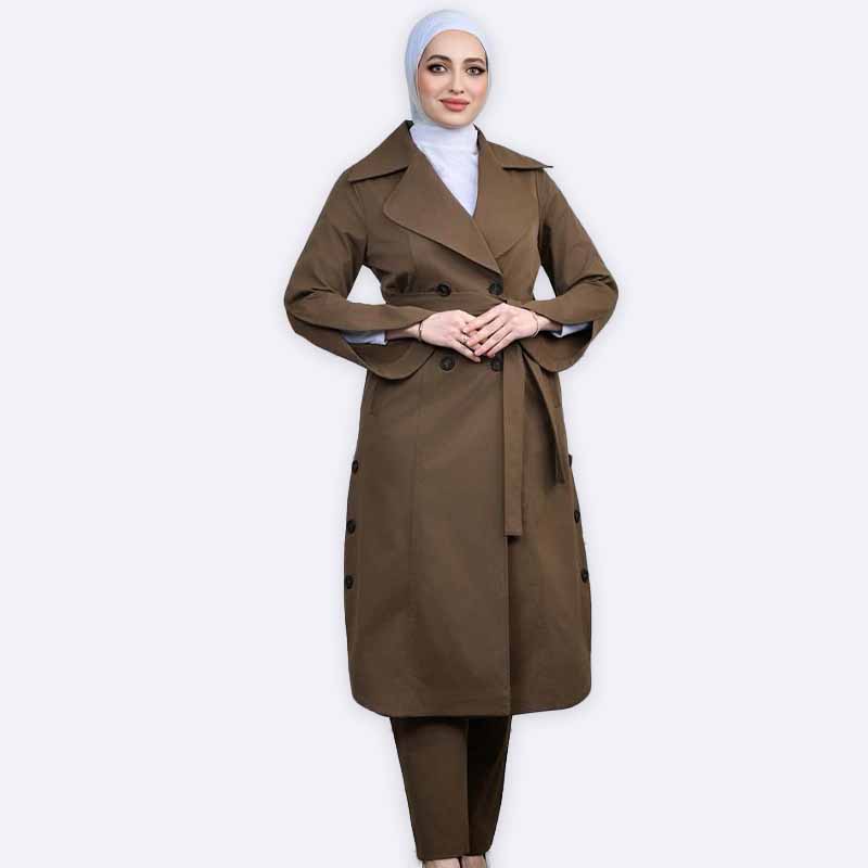 Elegant Olive Green Women's Trench Coat and Pants Set