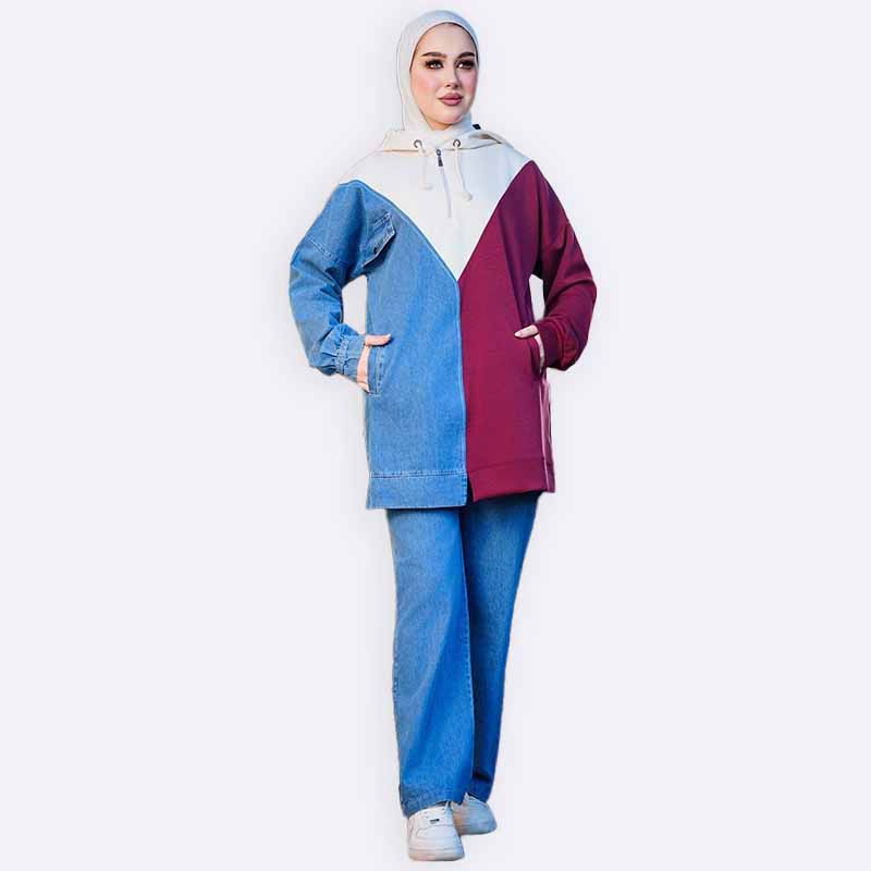 Blocked Denim Sporty Two Piece Set