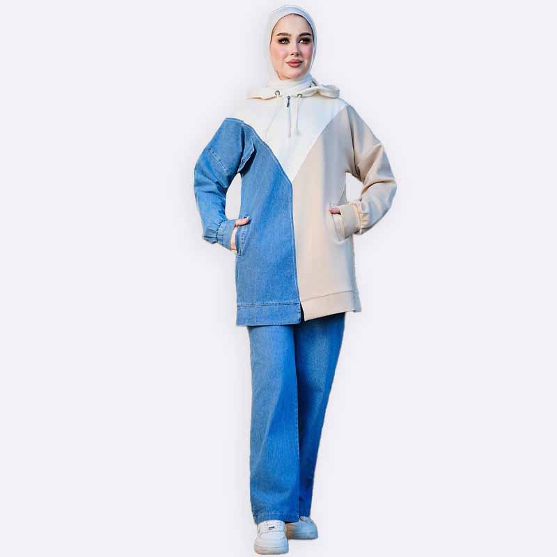 Blocked Denim Sporty Two Piece Set