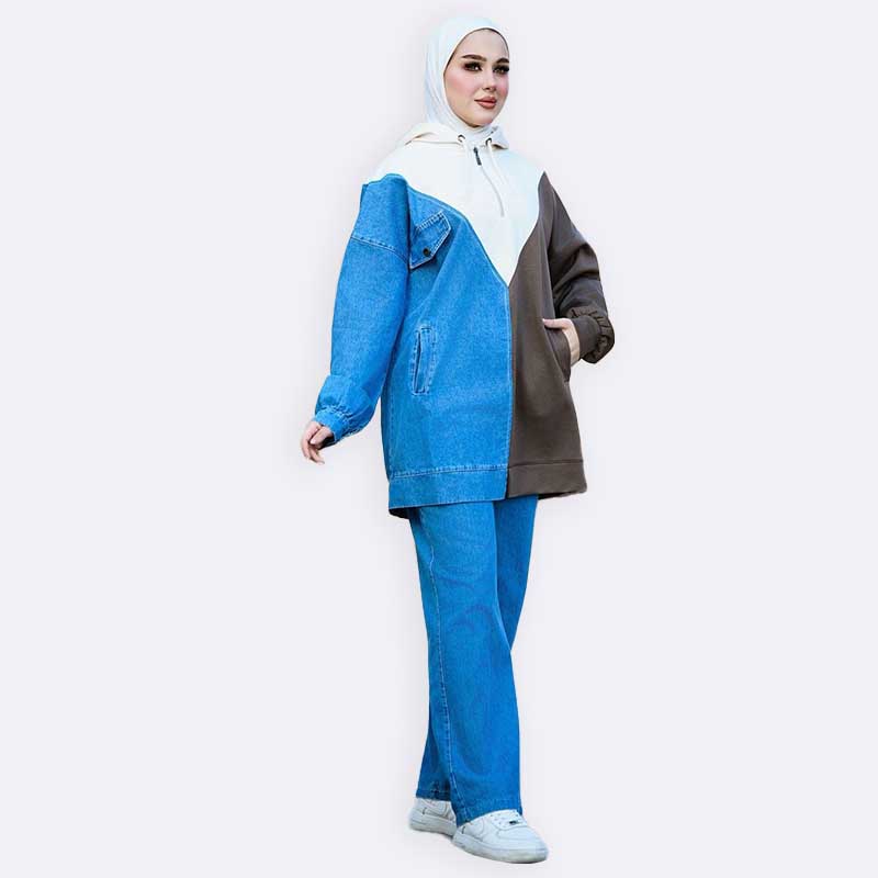 Blocked Denim Sporty Two Piece Set