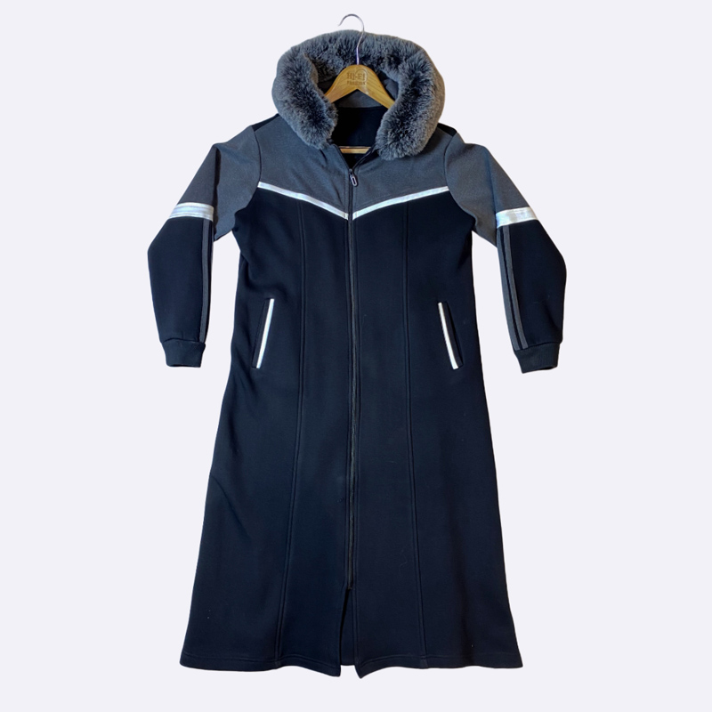 Women's Long Fleece Coat with Fur Hood and Reflective Details