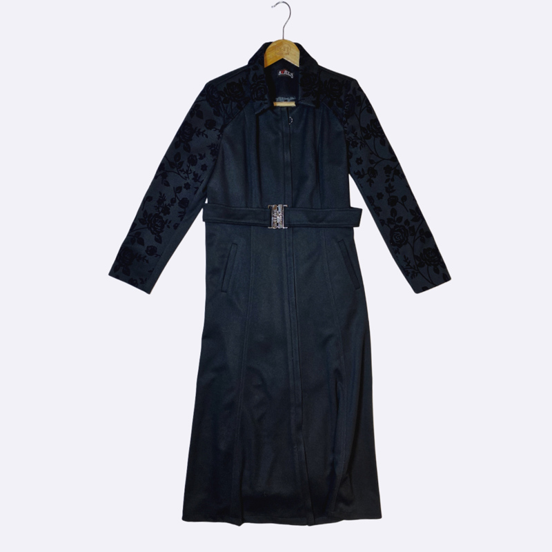 Women's Long Black Coat with Floral Embossed/Printed Sleeves