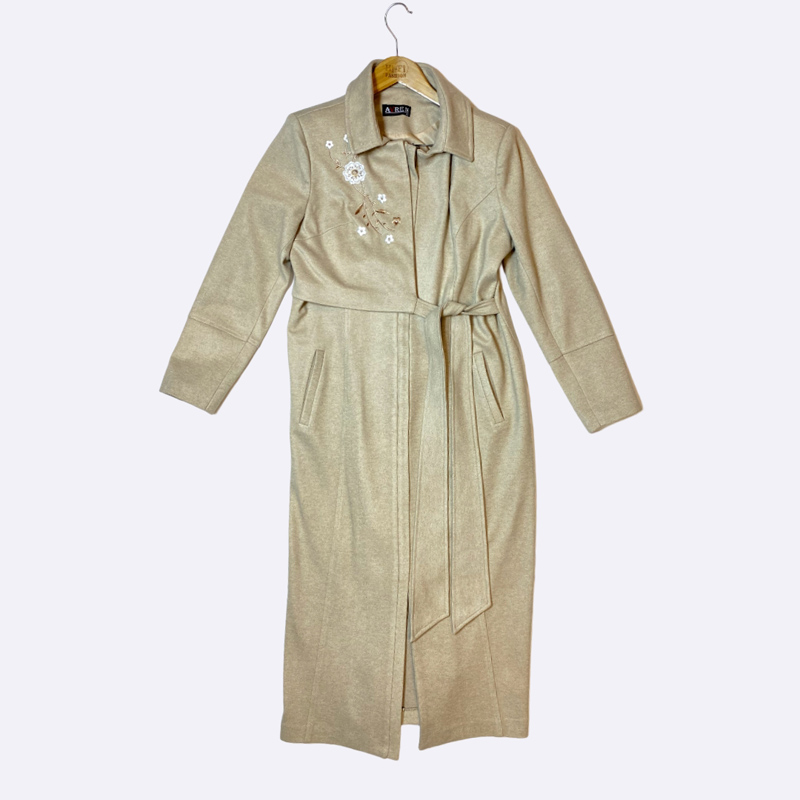 Women's Long Coat with Floral Embroidery and Tie Belt