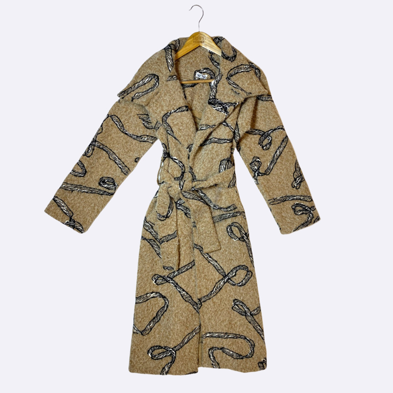 Women's Long Wool/Knit Coat with Rope/Pattern Prin