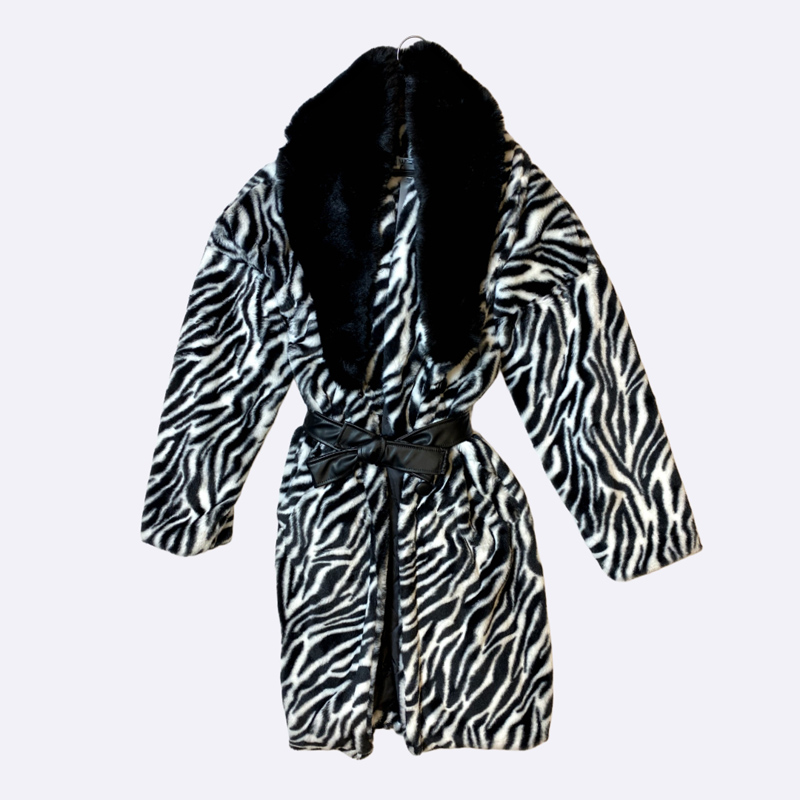 Women's Faux Fur Coat with Zebra Print and Black Collar