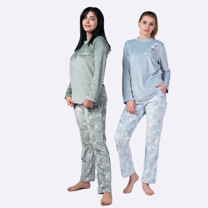 Velvet Top Floral Print Women's Pajama Set