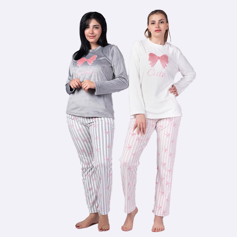 Printed Top Striped Bow-Print Pajama Set