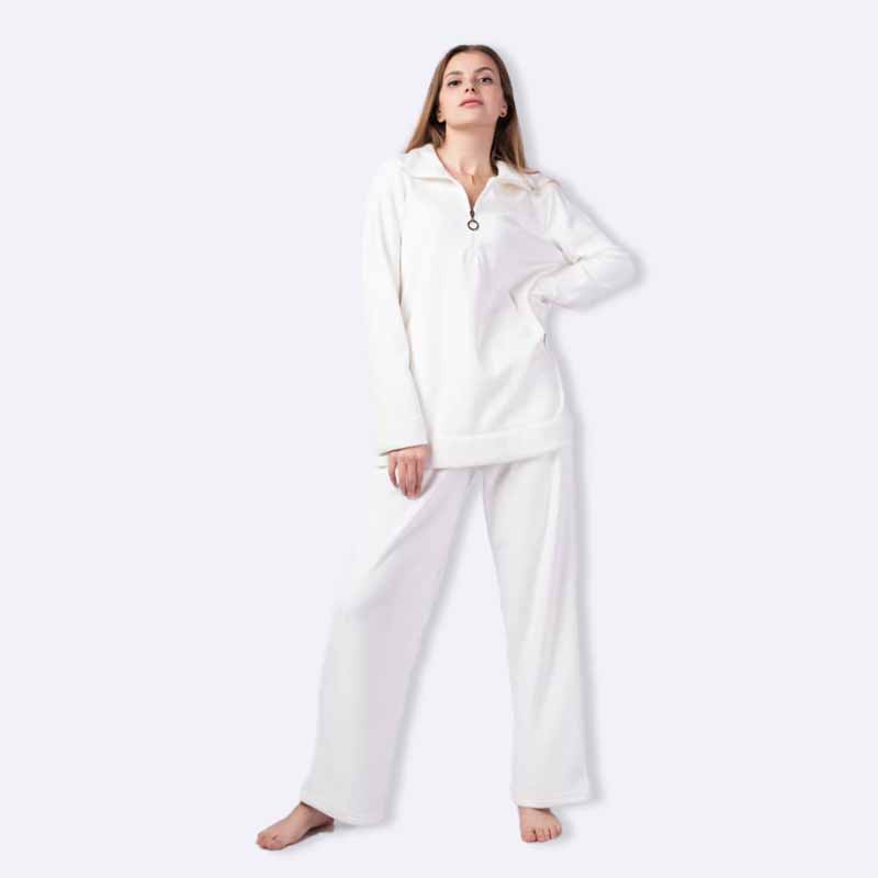 Solid White Fleece Quarter-Zip Pajama Set